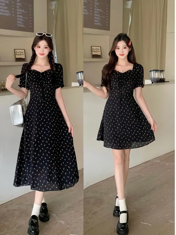 

plus Size Women's Bla Floral Tie Waist ort Sve Dr Summer New Sle Slimming ort Skirt Korean Sle Commute Wind