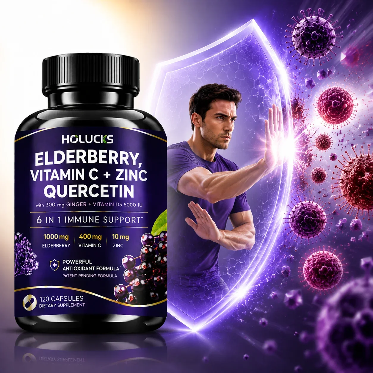 Premium Elderberry Capsulesm, with Combined Quercetin Ginger Vitamin C D3, Support Energy, Vitality, Relieve Fatigue & Immune