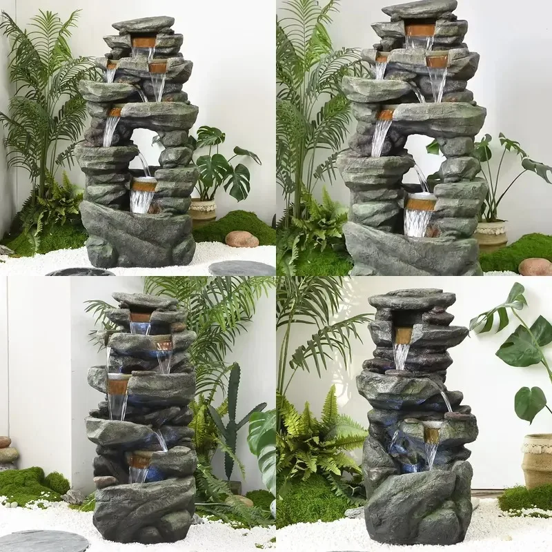 Pastoral Feng Shui Resin Rockery Flowing Water Fountain Circulating Feature Garden Landscape Creative Indoor Outdoor Home