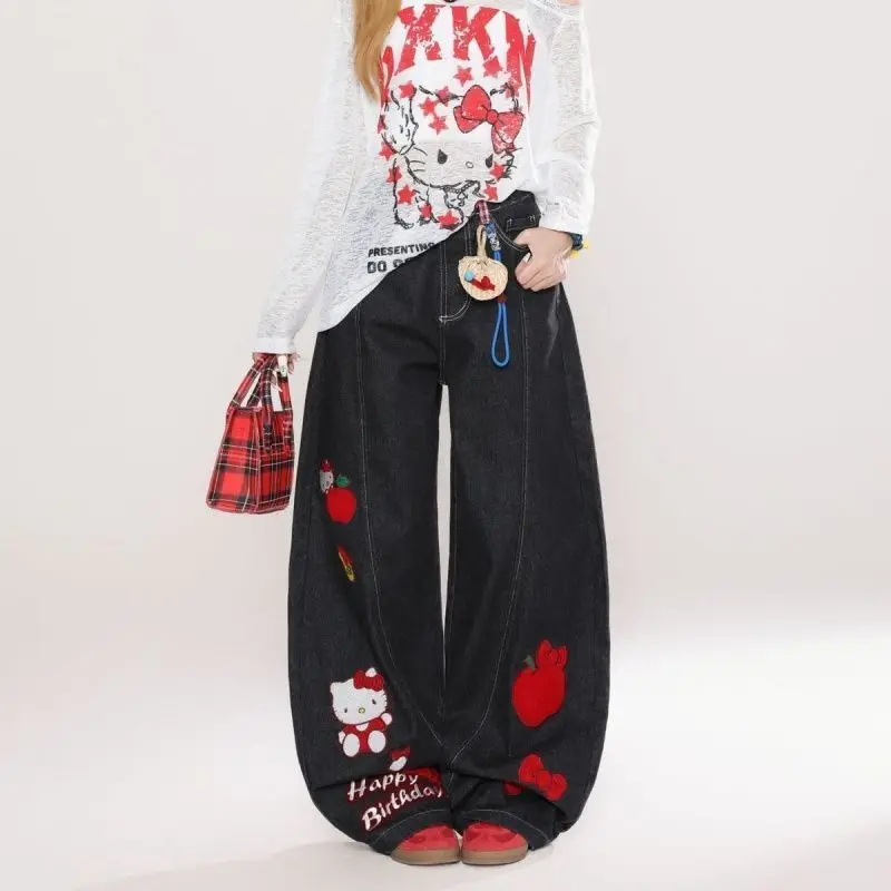 

Джинсы Sanrio Autumn Jeans Hello Kitty: женственные брюки с высокой талией, широкие штанины, длиной до пола, с милым модным принтом, креативные, хит продаж