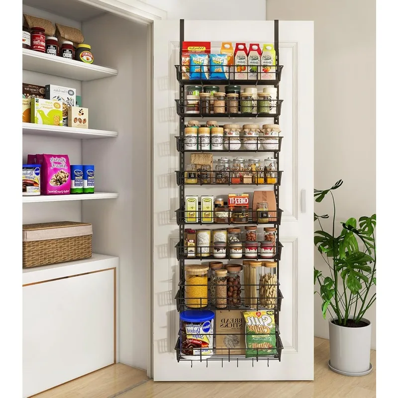 Over The Door Pantry Organizer, Wall Mount Spice Rack, Pantry Hanging Storage and Organization, 8 Adjustable Baskets Heavy-Duty