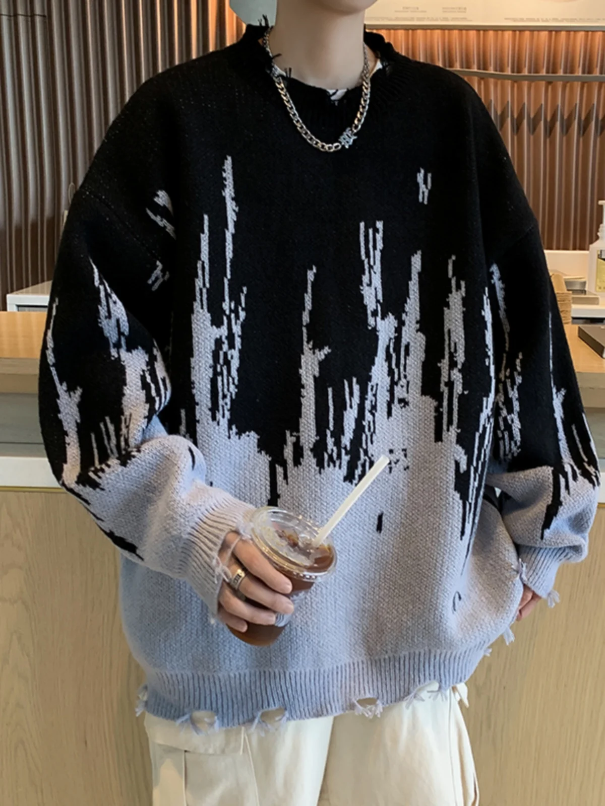 

Tie-Dye Frayed Hem Loose Fit round Ne Pullover Knitwear for Men High Street Sle Casual Lazy Trend Autumn Season Long Sve