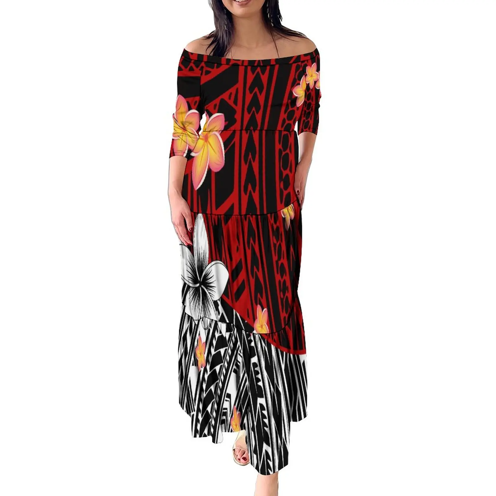 

Summer Off Shoulder Tiered Dress O-Neck Pacific Island Art Mermaid Dresses Polynesian Samoan High Quality HD Printed Dress