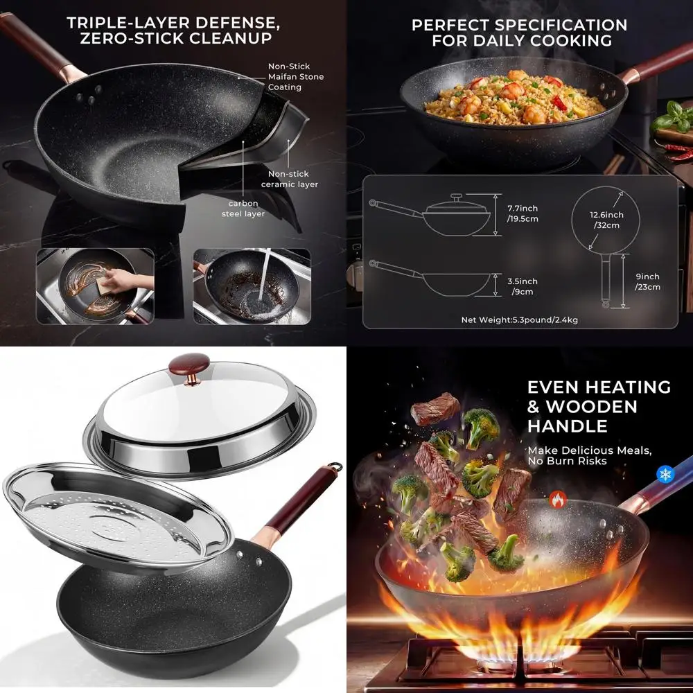 

12,5-дюймовая сковорода-вок из углеродистой стали с крышкой: набор воков и сковородок с антипригарным покрытием, с пароваркой или для приготовления пищи, большая глубокая китайская сковорода для жарки