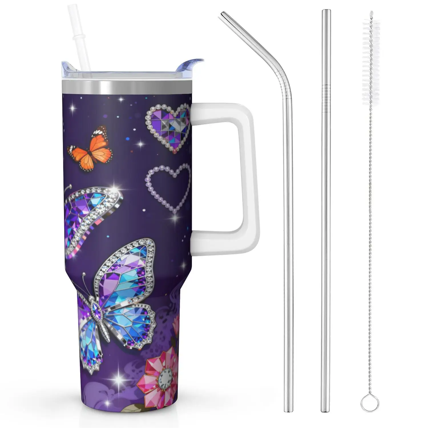1ps Butterfly Handle Cup Set with Straw, Maximum Capacity 40oz, Inner Layer 304 Stainless Steel, Outer Layer 201 Stainless Steel, Seamless Inner Liner, Lid Made of PC Material, Suitable for Home, Office, Outdoor, Sports, and Car Use