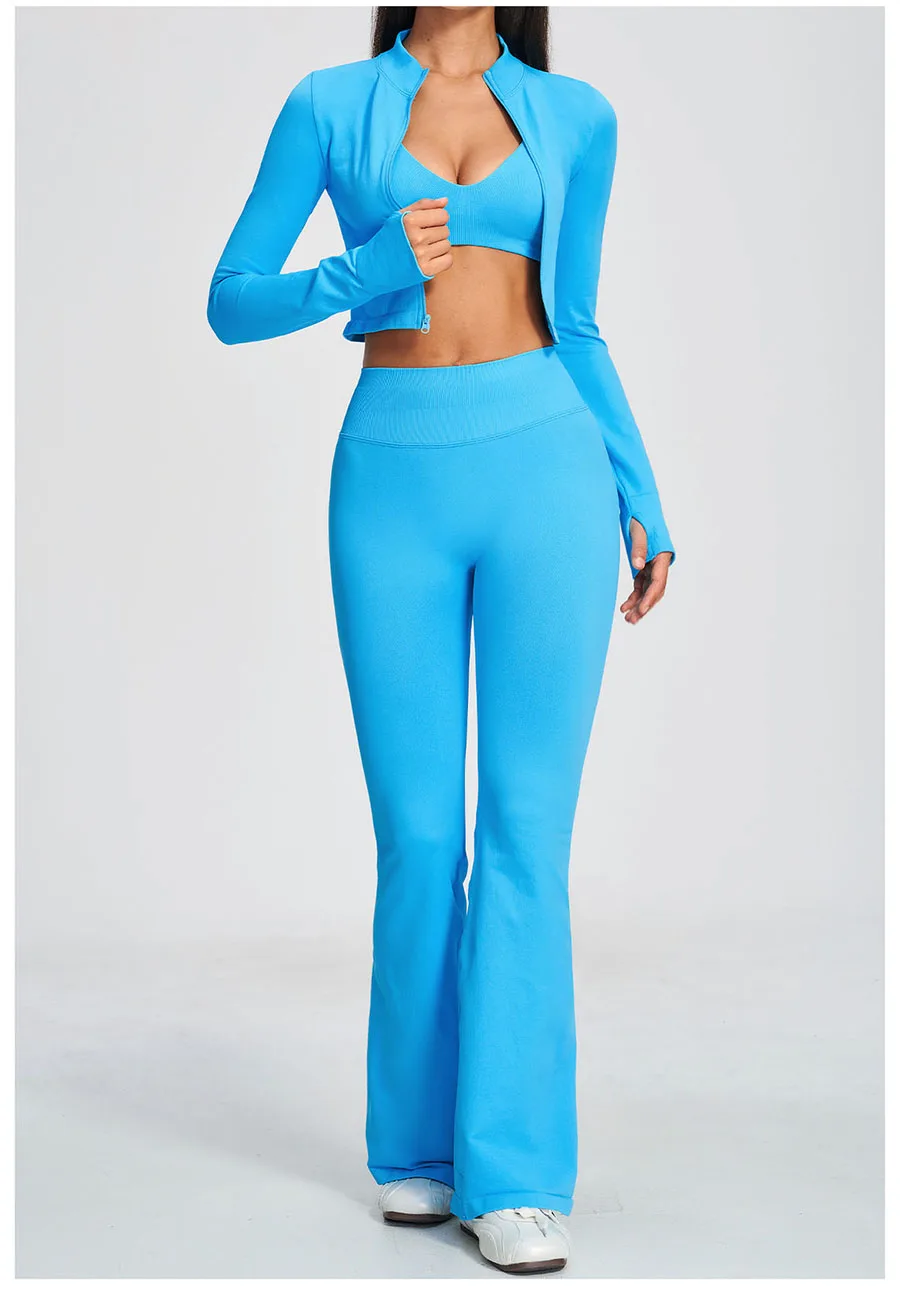 Damen-Trainingsanzug 3-teilig, Yoga-Anzug, nahtloses Sportset, ausgestellte Leggings, Fitness- und Laufoutfit, langärmelige Sportjacke, Yoga-Bekleidung – Detail 4