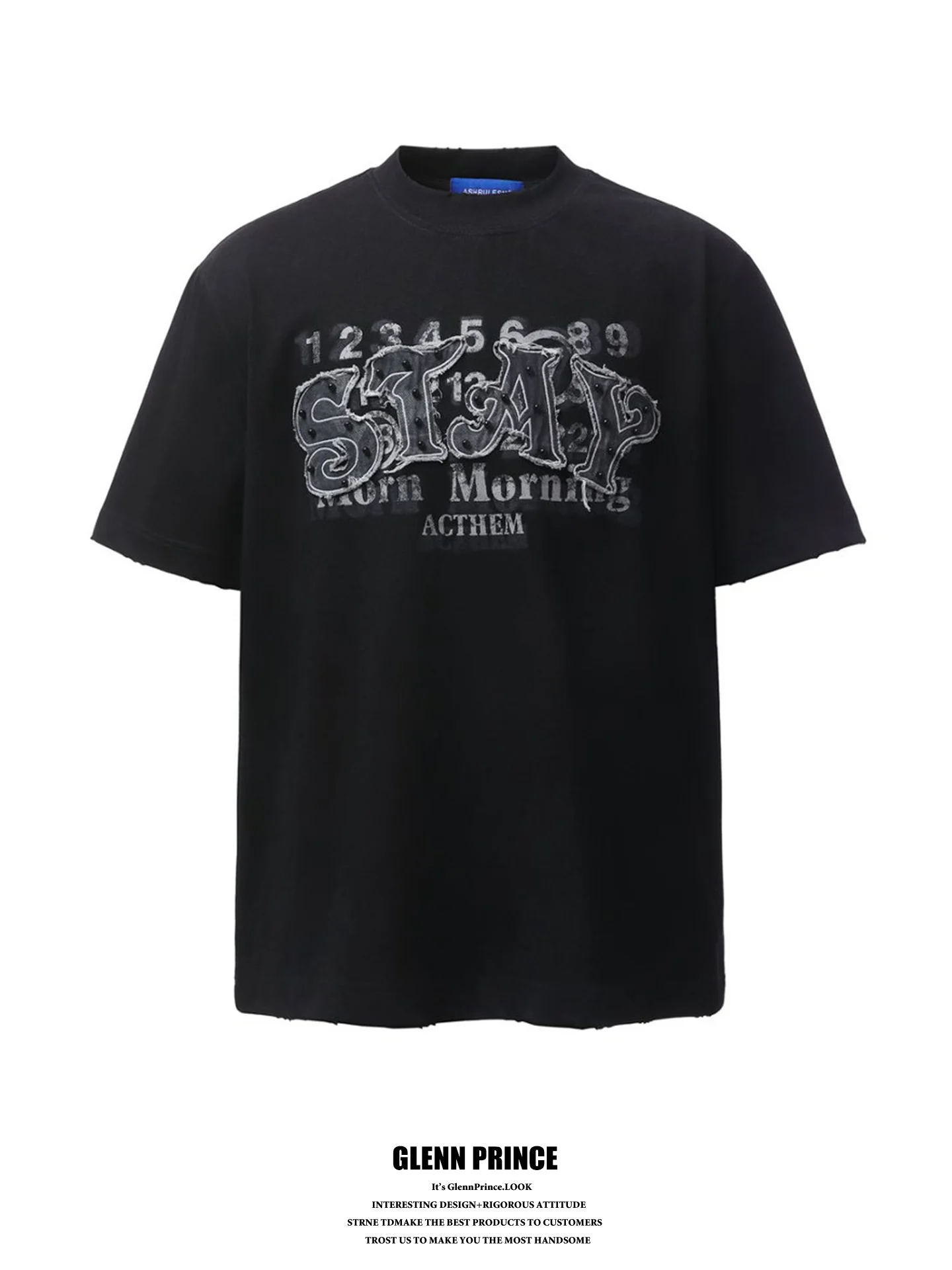 

GPstudio American High Street Letter Patchwork Short Sleeve T-Shirt Men's Summer Washed Heavyweight Half Sleeve Body Shirt