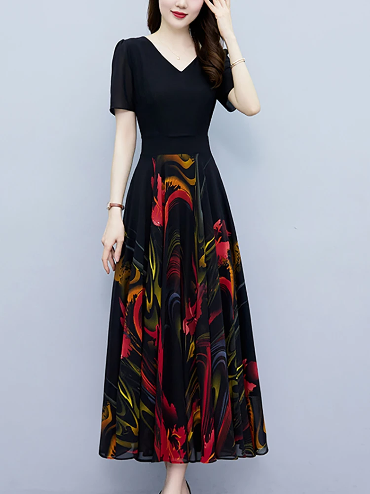 2024 Black Patchwork Print Vintage Midi Dress Women Elegant Luxury Party Maxi Dress Summer Casual Bodycon Prom Evening Vestidos