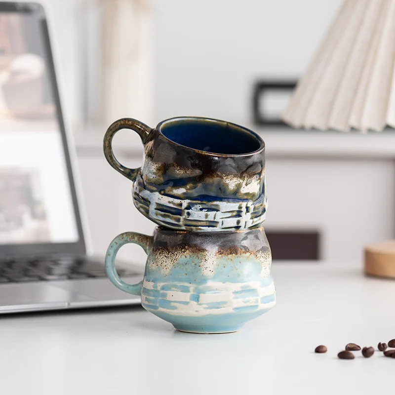 Vintage Ceramic Coffee Mugs with Saucers 210ML Retro Cappuccino Latte Cups with Handle for Home And Office
