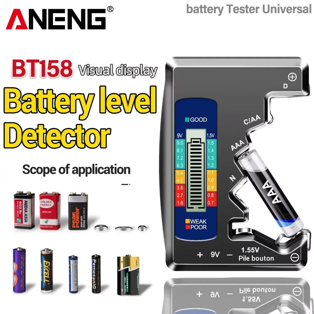 เครื่องทดสอบแบตเตอรี่ ANENG ตัวบ่งชี้ความจุระดับแบตเตอรี่ลิเธียมสากล เครื่องทดสอบแบตเตอรี่ BT158 เครื่องมือเซลล์ปุ่มตรวจสอบ