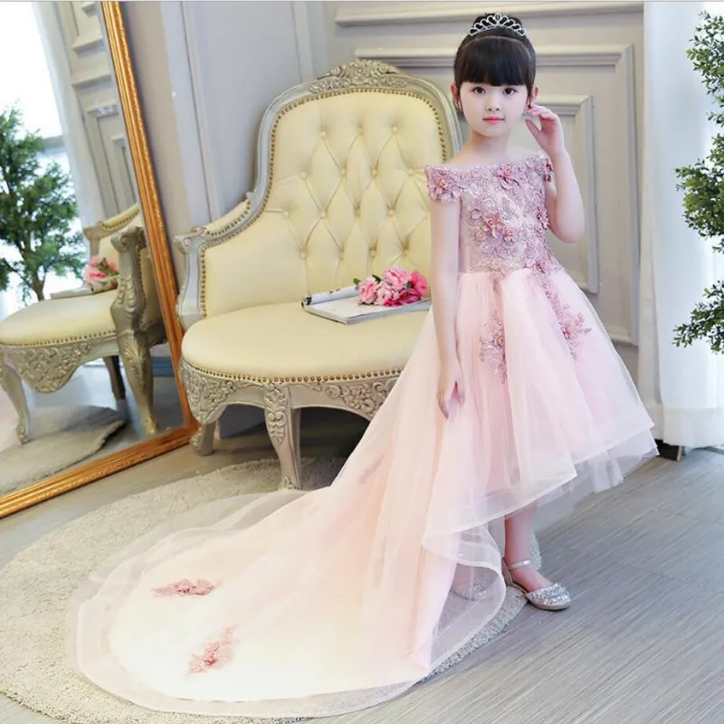 

Long Trailing Flower Girl Princess Dress Birthday Party Wedding Appliques Ball Gown Formal Girls First Communion Dresses