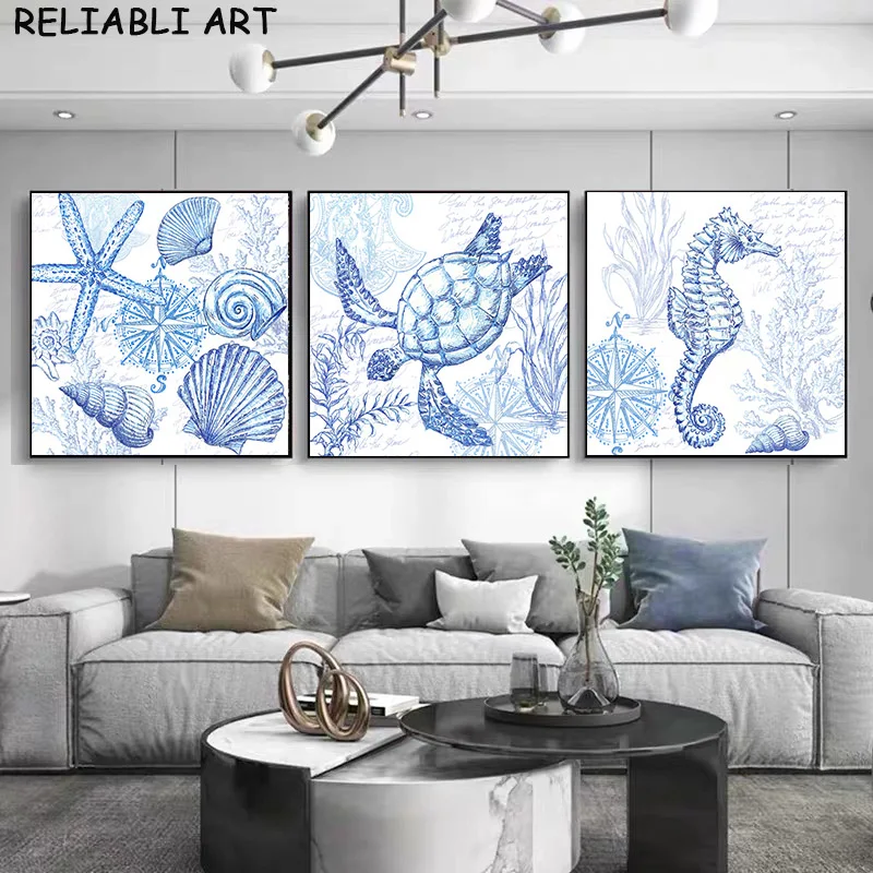 Póster moderno de animales de caballito de mar, tortuga, pulpo, pintura en lienzo de estilo nórdico, arte de pared para decoración del hogar, sala de estar, sin marco
