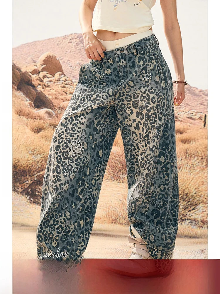 

Джинсы BeerBro rican Miation Vintage с синим леопардовым принтом и вышивкой, широкие, из денима, женские, повседневные, из хлопка