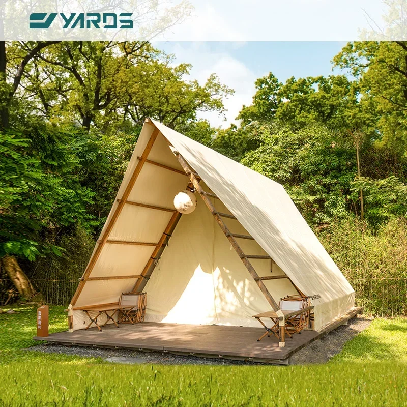 3.5*5M  Outdoor Camp Hotel Triangular Safari Tent Canvas Glamping Resort Solid Wood Pyramid Tents House with Terrace