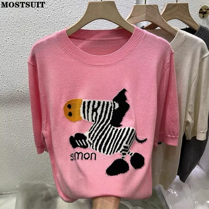 Zebra Jacquard Sweater Knit T-shirts Pullovers 2024 Summer Korean Fashion Loose Ladies Tops Knitwear Short Sleeve O-neck Jumpers