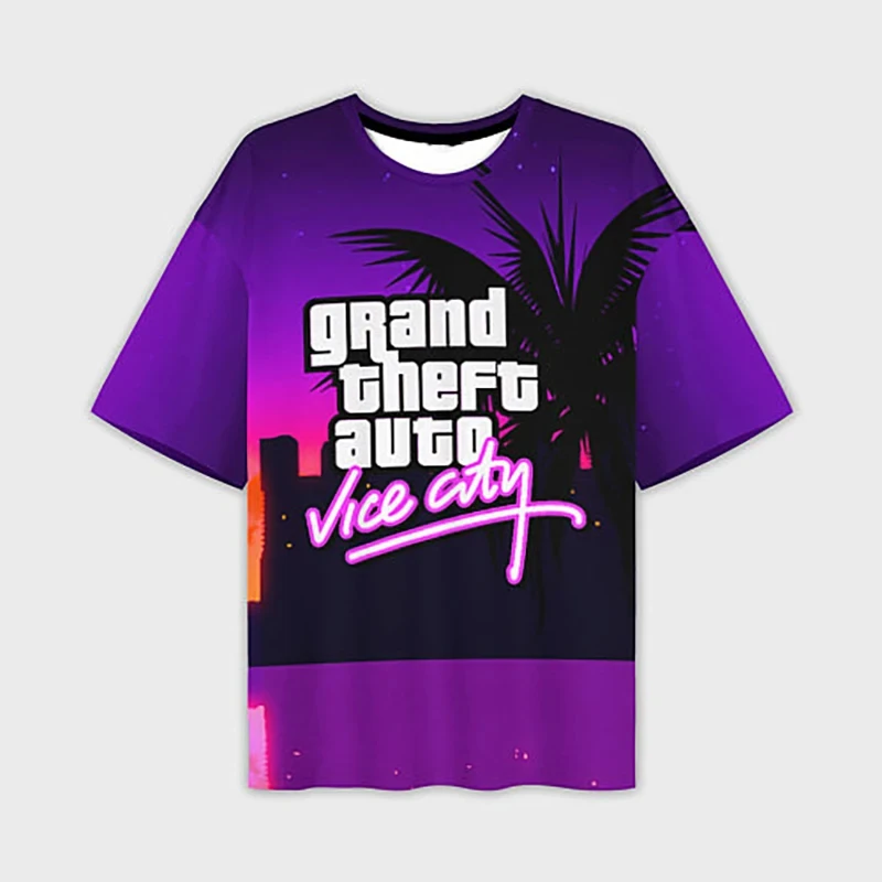 Grand Theft Auto VI masculino impresso em 3D camiseta de manga curta, moda de rua casual, camiseta de praia Harajuku extragrande, cidade do pecado