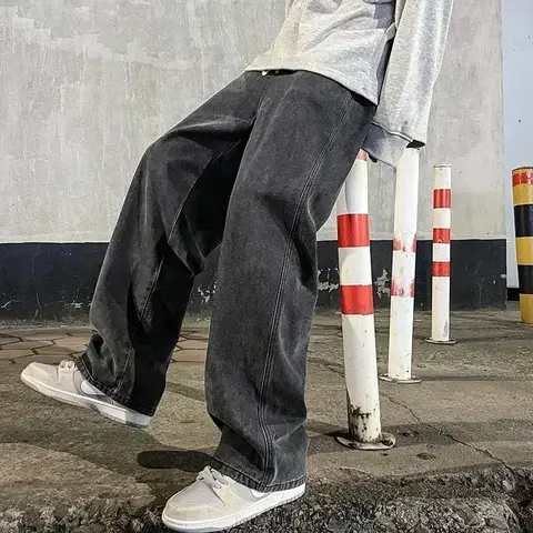 Korean Style Streetwear New Fashion Baggy Casual Men Jeans High Street Harajuku  Denim Trousers Men Brand pants Black grey Blue