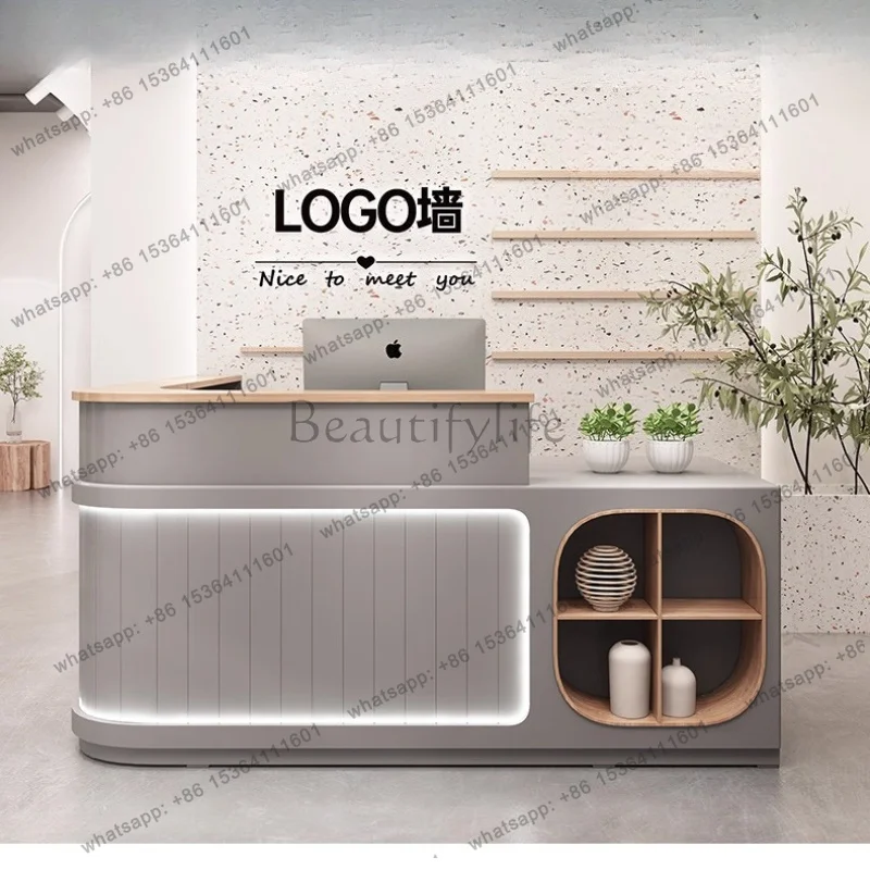 LJY DecorCheckout Counter Reception Center Beauty Mostrador Negocio Commercial Furniture Checkout Counter Shelf Reception Desks 4