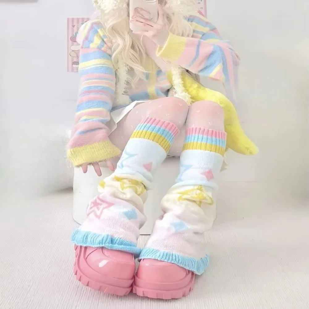 1 pair Jacquard Star Pattern Leg Warmers Rainbow Color Flared Design Knee-Length Socks Candy Color Knitted Socks Women Girls
