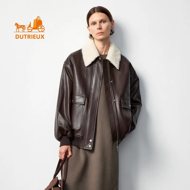 2025 Giacca in vera pelle da lavoro trapuntata con collo in pelliccia da donna del nuovo inverno 20225, cappotto casual retrò e versatile in vera pelle di pecora al 100%