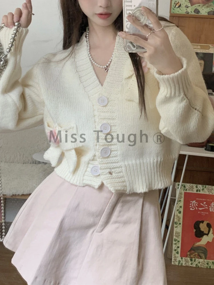 Kniited Japanese Kawaii Loose Cardigan Women Sweet Party Bow Elegant Tops Female Korean Designer Long Sleeve Solid Clothing 2023