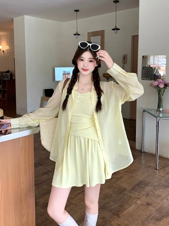 

plus Size Women's Lazy Style Casual Asymmetrical Strap Sun Protection Shirt Summer New High Waist Wide Leg Short Pants Set
