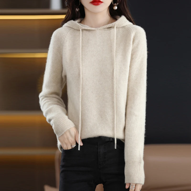 Women Warm Wool Hooded Pullover Sweaters Autumn Winter Solid Color Jumper Korean Fashion Cashmere Knitted Hooded Tops