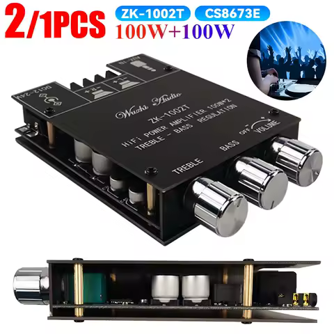 ZK-1002T CS8673E Bluetooth 5.0 HIFI 2.0 Channel Power Audio Stereo Amplifier Board 2*100W Module TREBLE Bass Note Tuning AMP