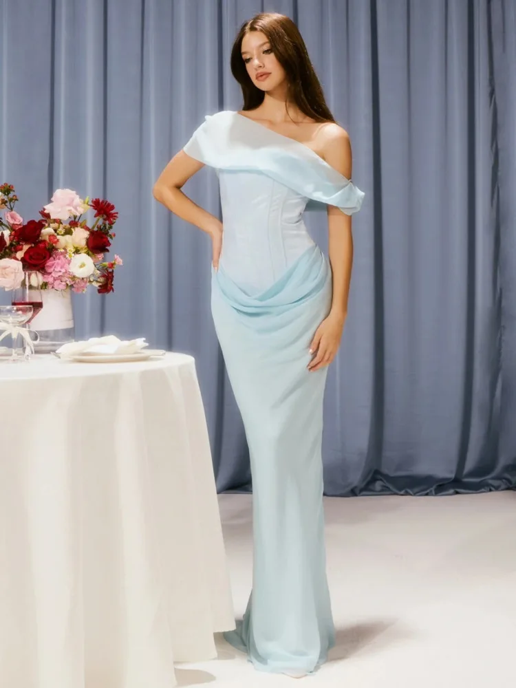 

Articat Elegant Mesh Patchwork Off Shoulder Bodycon Women Party Evening Dress 2025 Spring New Maxi Vestidos Sexy Backless Dress