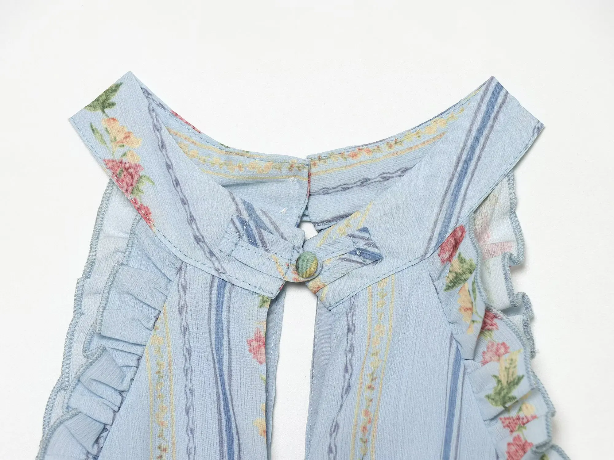 TFMLN Damen Blumenmuster Gestreiftes Neckholder-Kleid mit Rüschenbesatz, Schlüssellochausschnitt, Vordere Bindung, Ärmellos, Vintage Mini-Kleid, Strand- und Urlaubsoutfit, Sommer – Detail 5