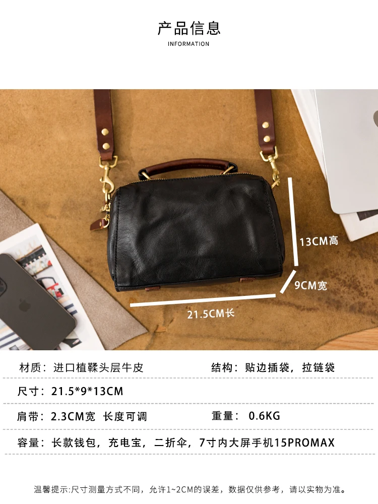 simple luxury vegetable tanned cowhide men's black shoulder bag Fashion handmade genuine leather pleated teens crossbody bag