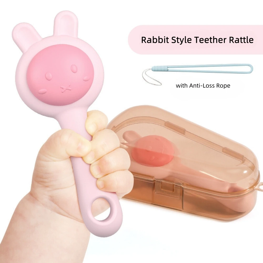 Teether Rattle Toy for 18M+, Food Grade Silicone Rabbit Bear Animals Toy, Sensory Toys for Toddlers, Travel Toys for Babies