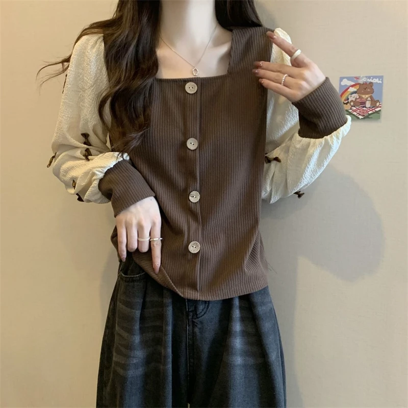 Women Trendy Kawaii Bow Chic Button Patchwork T Shirt Spring Autumn Female Casual Square Collar Long Sleeve Tops Ropa De Mujer