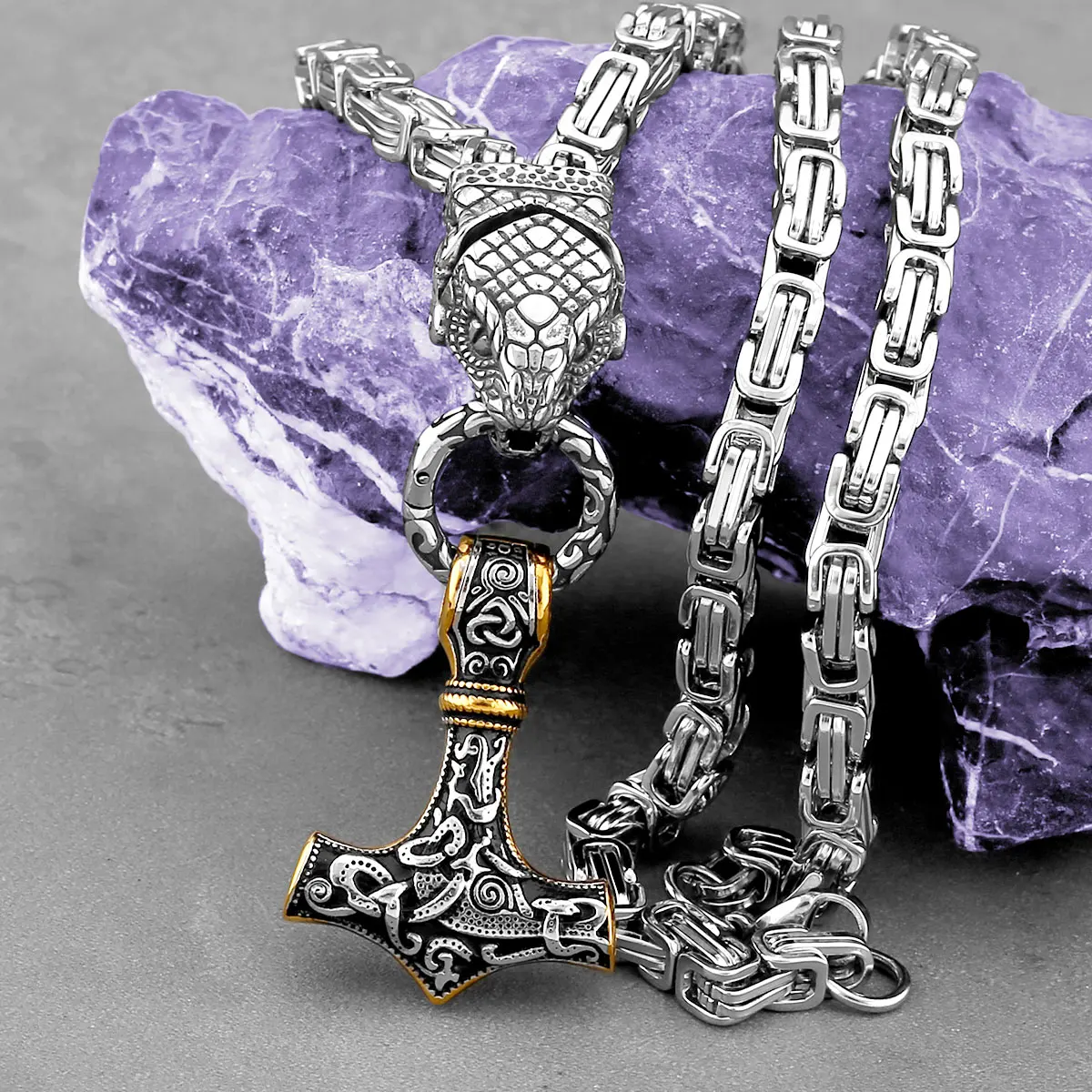 Nordic Odin Snake Head Necklace Fashion Men Thor's Hammer Stainless Steel Pendant Vintage Charm Accessories Jewelry Wholesale