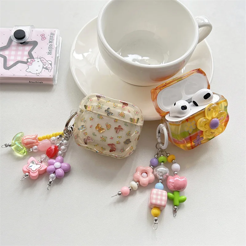

Fashion Colorful Plaid AirPods Case for 1 2 3 4 Pro Pro2 Pro3 Clear Soft Earphone Cover with Beaded Flower Shockproof Protector