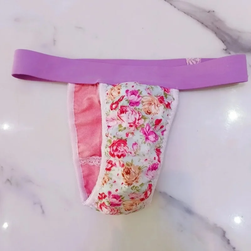 Men's Sexy T-briefs Women's Floral Knicker Double Layer Cotton T-back Elastic Thong Low Waisted Panties Dance Costume FKK Party