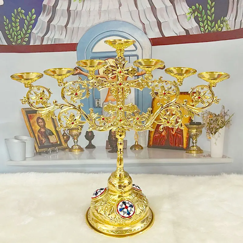 Byzantine Orthodox Hand Cross Gold Silver Metal Priest Blessing Crucifix with Icons Altar Church Decor Christian Religious Gift