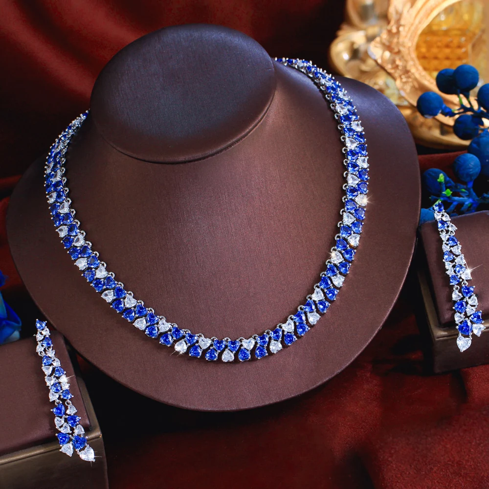 CWWZircons Luxuriöses Glänzendes Blaues CZ Herzförmiges Hochzeits-Bankett-Schmuckset mit Halskette und Ohrringen für Damen Großhandel T0972 – Detail 8