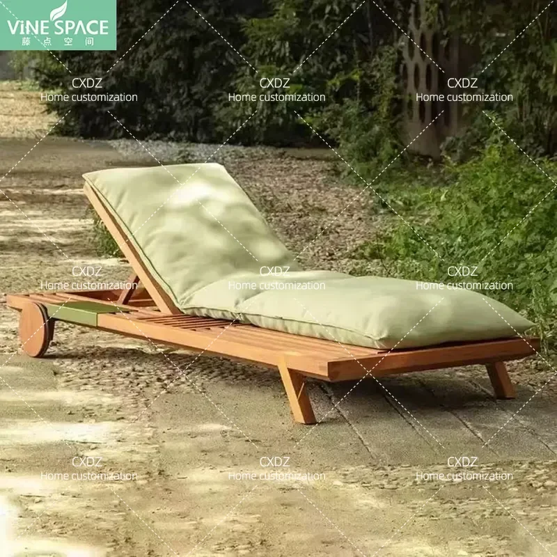 Teak Outdoor Bed Rattan Beach Chair Waterproof Sun Lounger for Garden Courtyard Terrace Villa Hotel Pool Patio Furniture