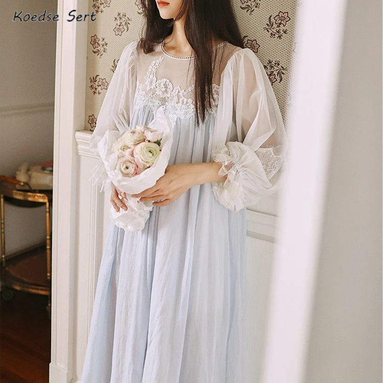 

Spring Summer Fairy Pure Cotton Long Nightgown Vintage Victorian Lace Nightdress Princess Women Sweet White Blue Night Dress