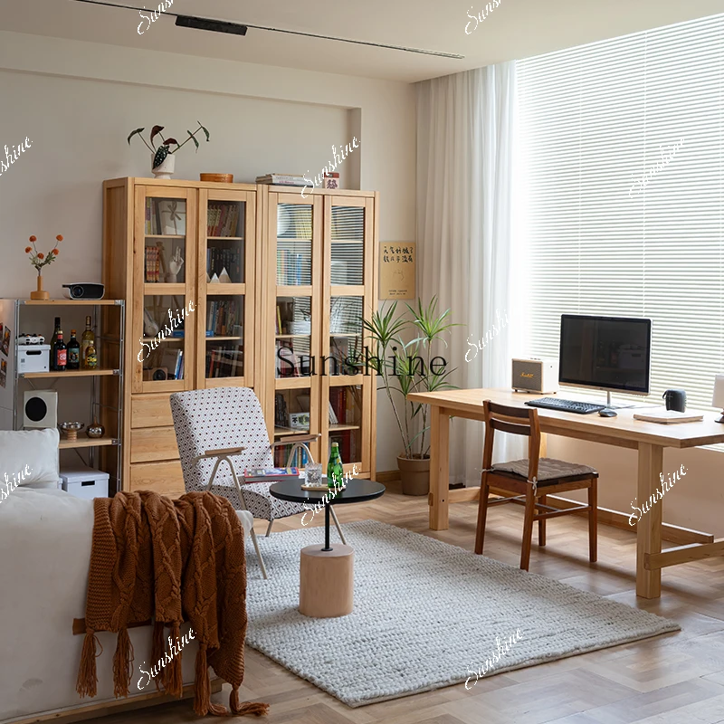 ◆ Solid wood bookcase storage integrated whole wall solid wood with cabinet door student home bookshelf storage glass  FT