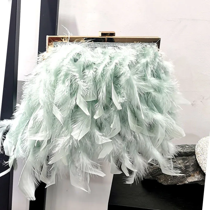 Luxury Ostrich Feather Handmade Evening Bag Beads Beading Handle Women Handbag Wedding Party Clutch Purse Shoulder Crossbody Bag