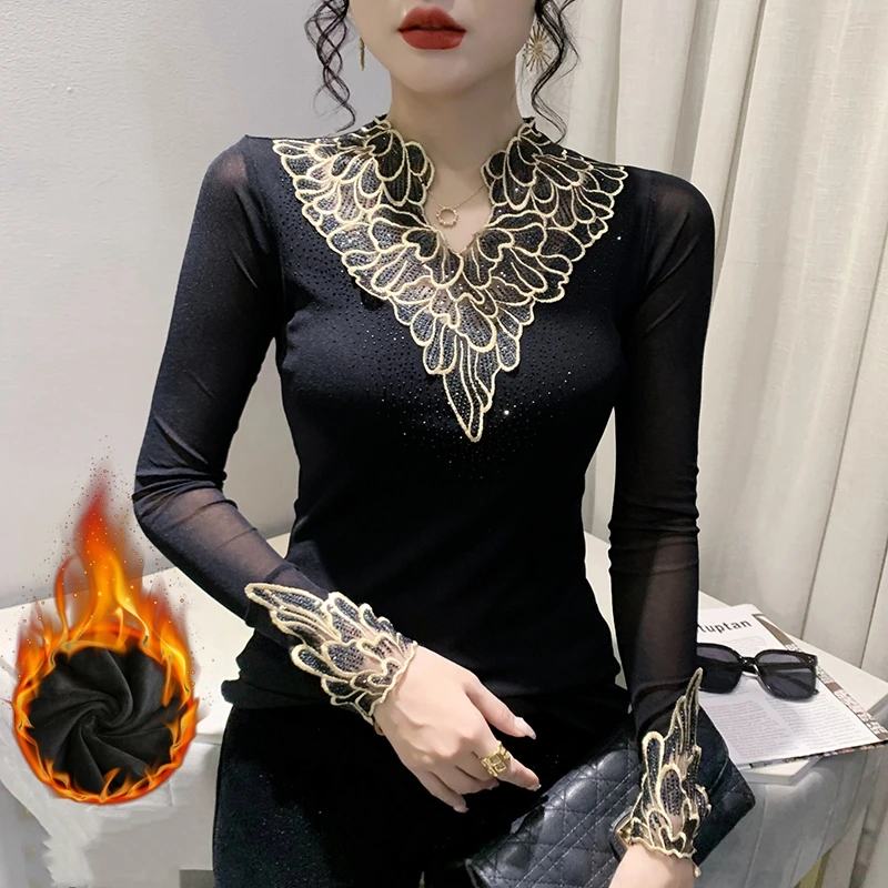 Black,Korean,Style,Fall,Winter,T-shirt,Fashion,Sexy,V-Neck,Embroidery,Shiny,Diamonds,Women,Tops,Long Sleeve,Tees,2025,New,411504