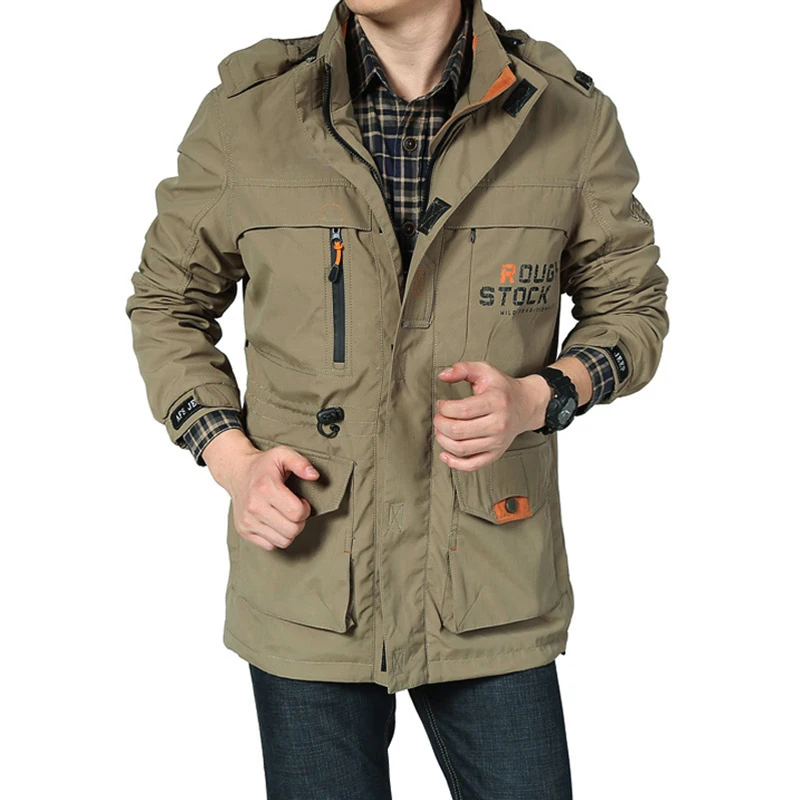 Waterproof Men\'s Jacket Oversized Male Windbreaker Hooded Outerwear Multi Pockets Casual Jacket Men Clothing Trench Coat A2F086