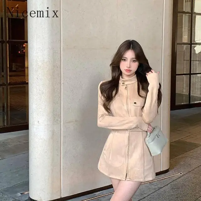 High end Stand up Neck Suede Coat Women Autumn/Winter Wrapped Waist Zipper Jacket Women Top Outer Belt Slim Fit Mid Length Top