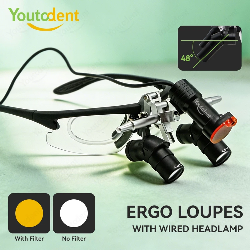 Youtodent Dental Ergo Loupes 4X 5X 6X Oral Surgery Loupe 48° Eye-level View Binocular Magnifier Glasses With Clip-on 5W Headlamp