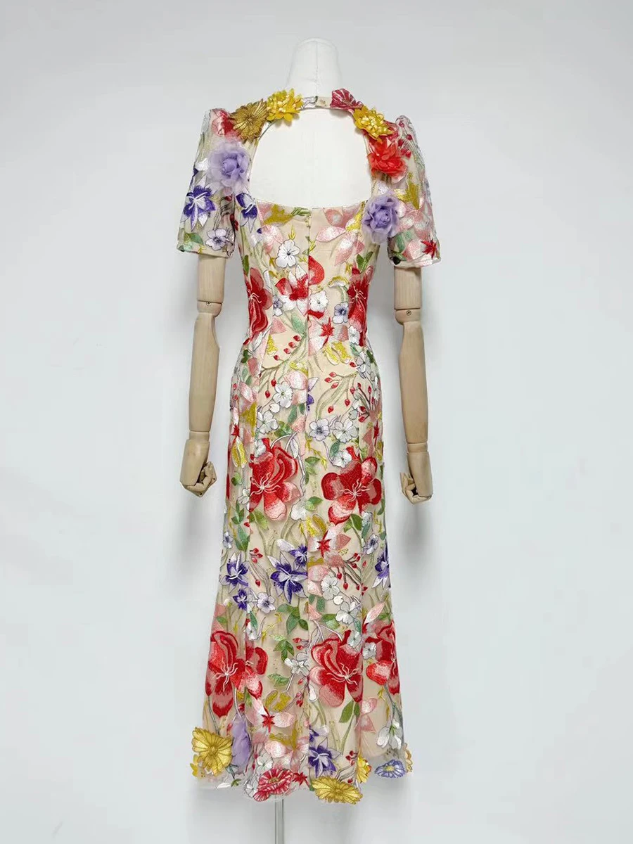 VGH Elegante Gespleißt Sheer Mesh Kleid für Frauen Quadrat Kragen Kurzarm Hohe Taille Druck EINE Linie Abendessen Kleider Weibliche Neue