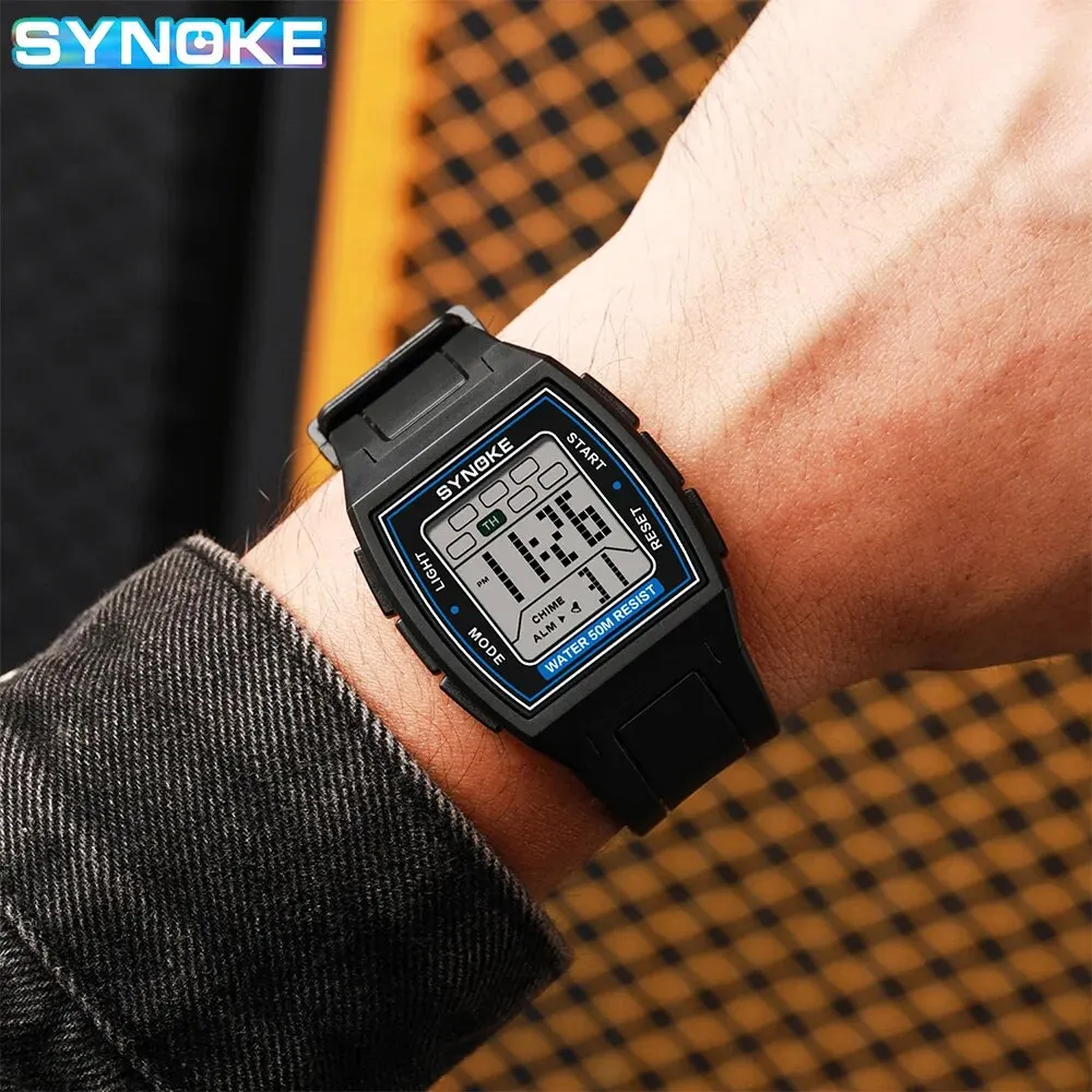 SYNOKE Digital Watches Men Sports Luminous Chronograph Waterproof Male Electronic Wrist Watches Relogio Masculino Retro Square