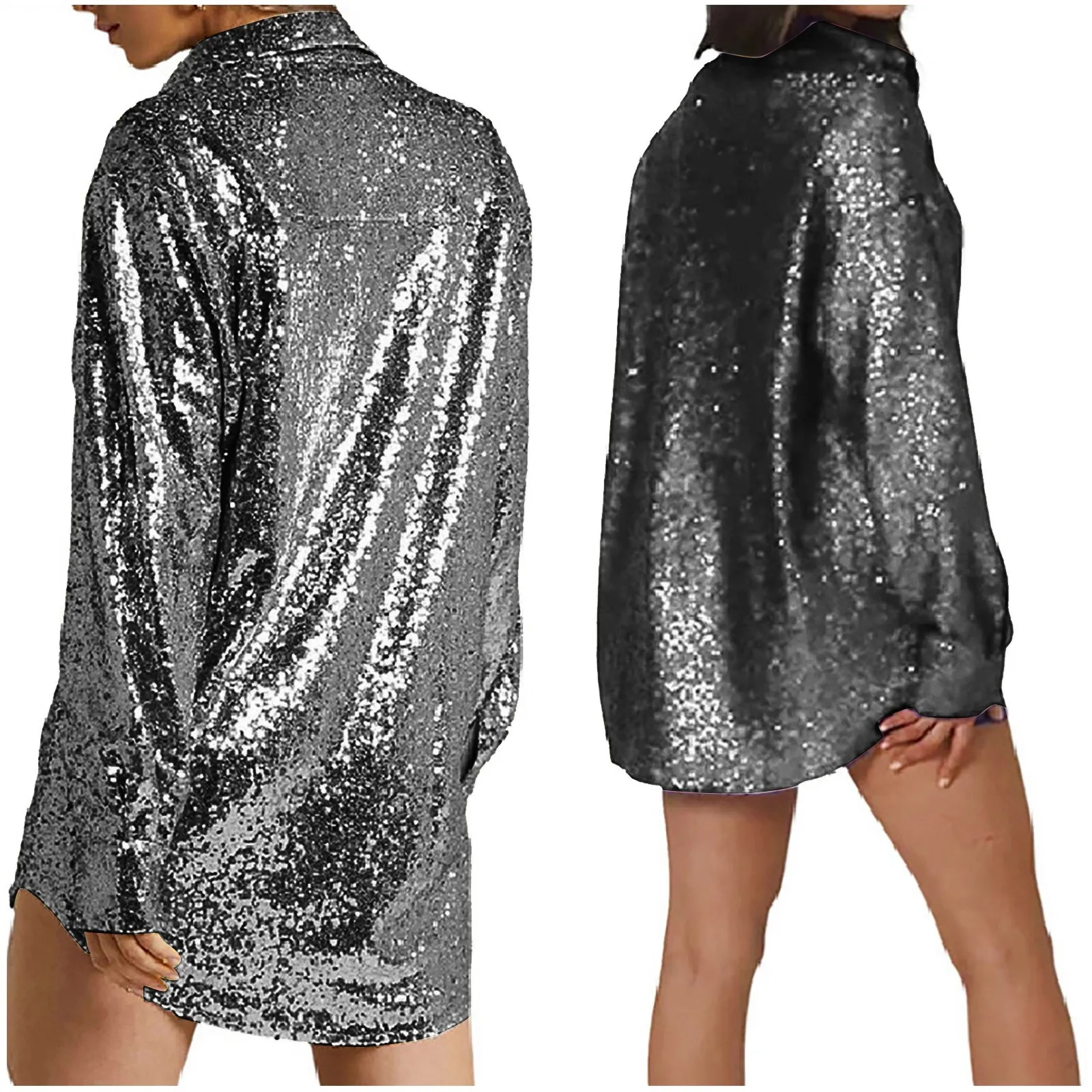 Sexy Turn Down Collar Loose Fit Sequin Shirt Women Soild Color Long Sleeve Casual Long Blouse Tops Fashion Glitter Shirts