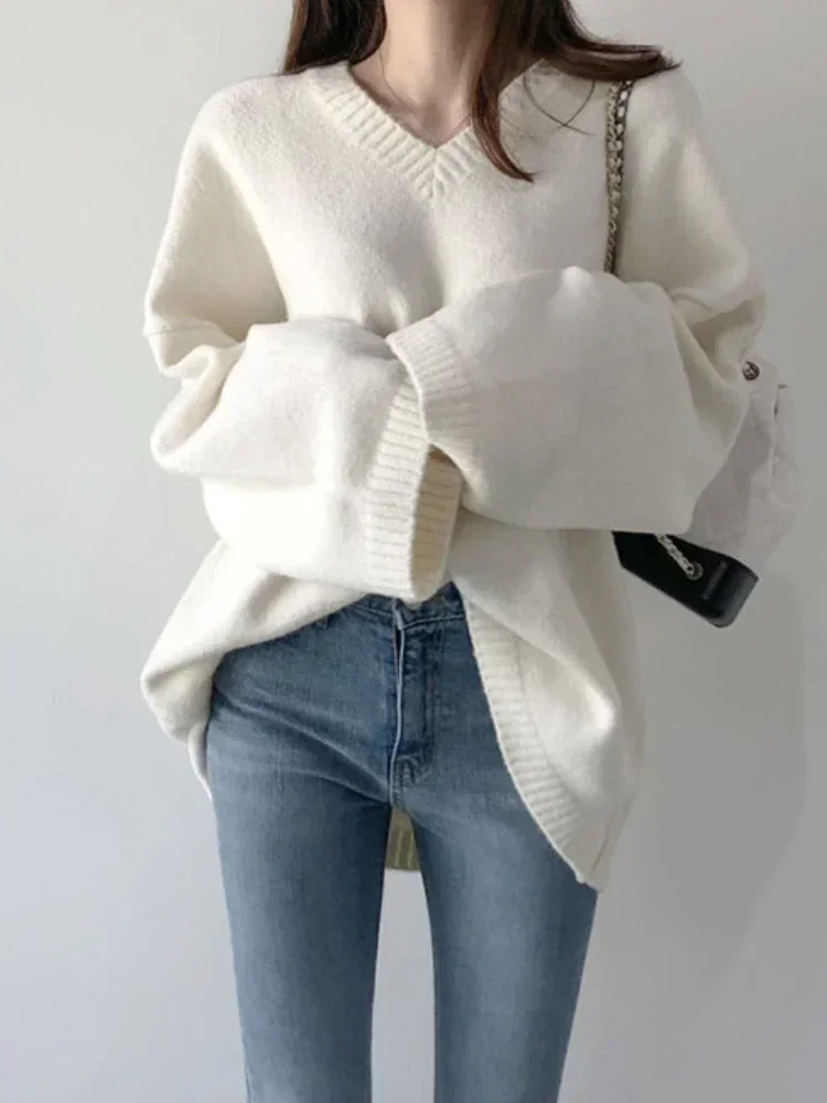 2024 Winter Fashion New Women\'s Knitted V-neck Loose Hoodie Long Sleeve Warm and Casual Outerwear Knitted Sweater  Jumper